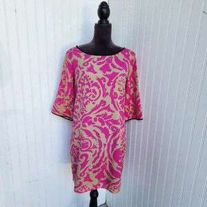 Ann Taylor LOFT Shift Dress Pink Tan Black 3/4 Sleeves Women’s Damask Tunic Sz 6